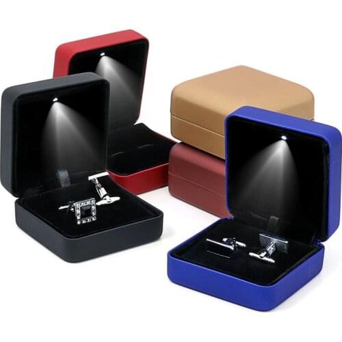 PU Leather LED Light Cufflinks Storage Packaging Box Luxury Cloth Sleeve Button Display Case