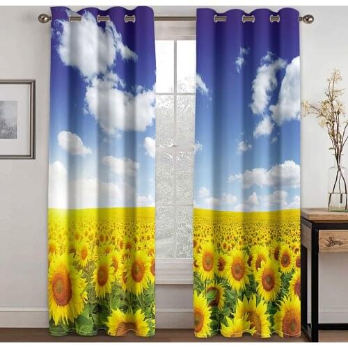 3D Blue Sky Yellow Bright Sunflower Pattern Blackout Curtain Set Hook, Suitable for Home Curtains In Living Room and Bedroom