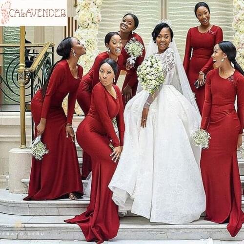 Jersey Burgundy Winter Bridesmaid Dresses Long Sleeved Mermaid Wedding Party Dress for Maid of Honor bruidsmeisje jurken