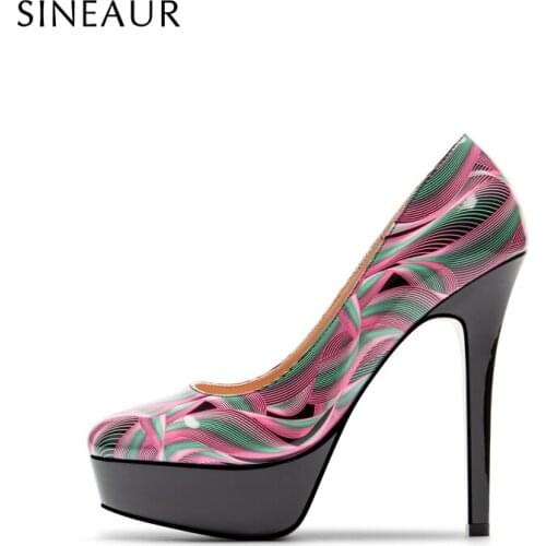 SINEAUR Shoes for women Fashion Colorful Super High 13CM Ladies Thin Heels Round-toe Platform Stiletto Printed PU Office Dress