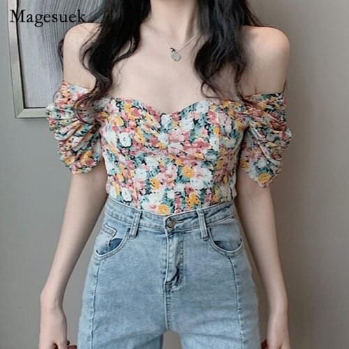 Sexy Summer Chic Print Tops Korean Puff Sleeve Floral Chiffon Blouse Women Clothes Shirt Off Shoulder Short Blouses Woman 13603