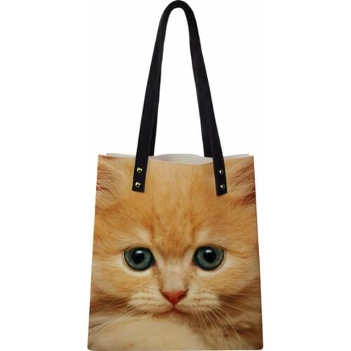 Customized Lovely Cat Printed Women PU Leather Bag Ladies Worker Handbag Portable Shopping Bag for Girl with Small Wallets