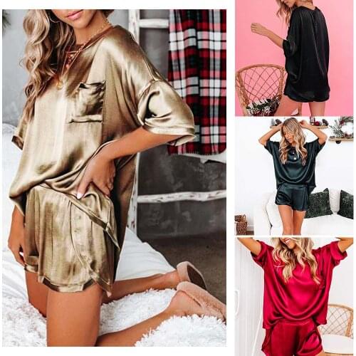 Women Comfort Satin Silk Sleepwear Set Two Pieces Pajamas Short Sleeve T-Shirt And Dolphin Shorts Keyhole Back Lounge Outfits