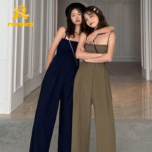 ROENICK Women Ankle-Length Jumpsuits High Waist Simple Straight Wide-leg Overalls Students Korean Pleated Summer Leisure Rompers