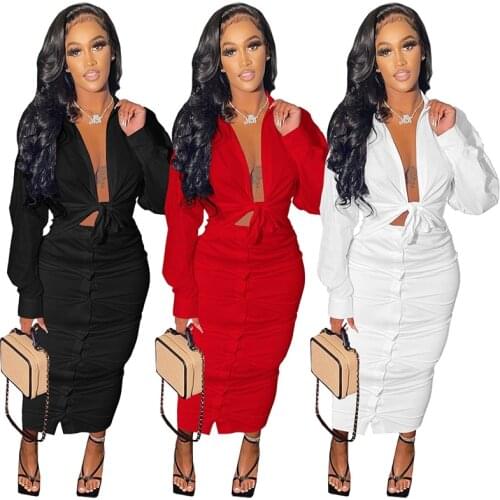 Women Solid 2pcs Shirt Dress Set Autumn Long Sleeve Turn Down Collar Bandage Crop And Long Button Up Skirts Casual Steetwear
