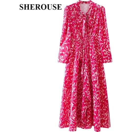 SHEROUSE 2021 Vintage Women Retro Printed Dress Fashion Bow Neckline Long Sleeves Chic Lady Elegant Woman Midi Long Dresses Robe