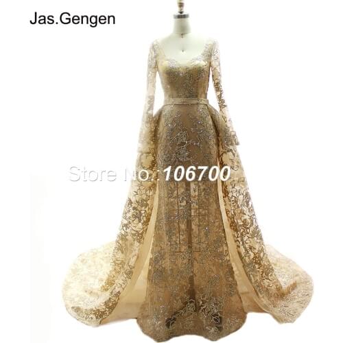 Two Pieces Long Sleeves Evening Dress Bling Glitter Fabric With Detachable Over Skirt Sheer Illusion vestido festa longo Prom