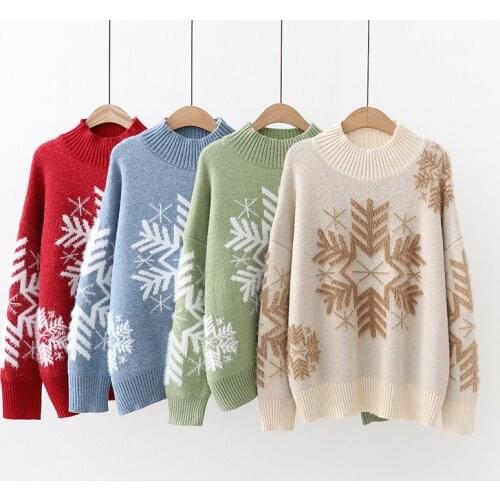 2020 autumn and winter womens pullover O-neck Christmas snowflake sweater sweater women new half-high collar loose thickening