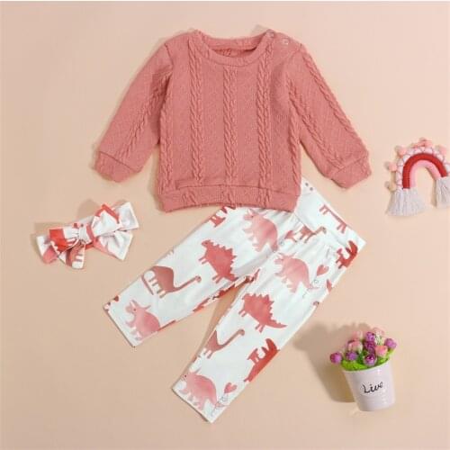 3Pcs Kids Autumn Tracksuit Round-Neck Long Sleeves Knit Sweater + Dinosaur Print Pants + Hairband for Girls Pink