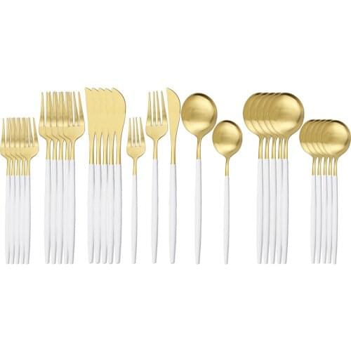 30Pcs/Set White Gold Matte Flatware Set Knife Spoon Fork Tableware Set Stainless Steel Dinnerware Set Kitchen Cutlery Set