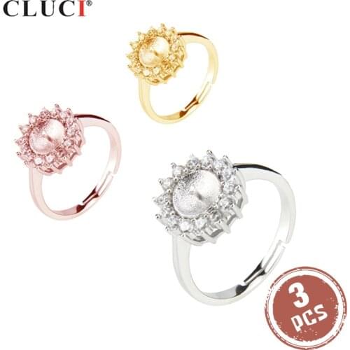 CLUCI 3pcs Silver 925 Adjustable Zircon Rose Gold Ring Settings for Women Pearl 925 Sterling Silver Adjustable Ring SR2018SB