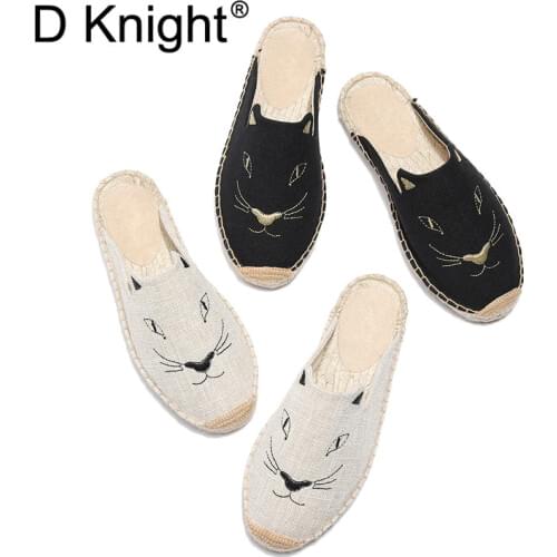 2019 Summer New Female Embroidery Cats Sippers Round Toe Lady Flat Espadrilles Slide Fisherman Shoes Slip On Women Beach Sandals