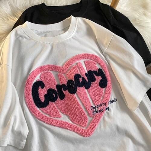 Woman Summer Teeshirt Casual Loose T-shirts Short Sleeve O-neck White Black Bottom Heart Flocking Tees Korean Girls Oversize Top