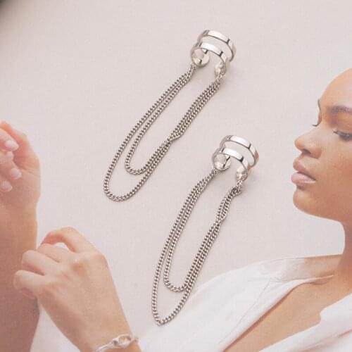 Real 925 Sterling Silver Ear Cuffs for Women Non Pierced Ear Long Tassel Chains Clip on Earrings Layered Simple Earcuff