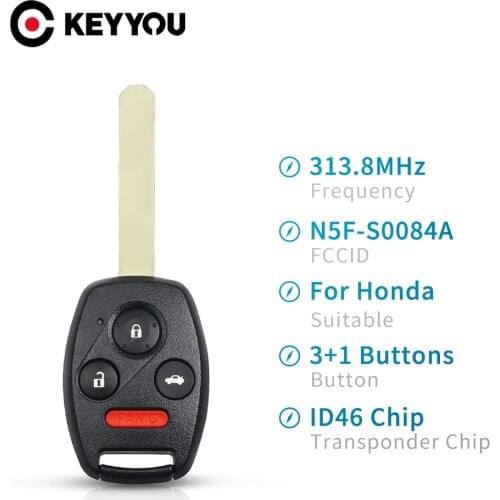 KEYYOU 5X For Honda 3+1Buttons N5F-S0084A Car Remote Key for Honda Civic Ex 2006-2011 Smart Car Key Fob 313.8Mhz id46 Chip