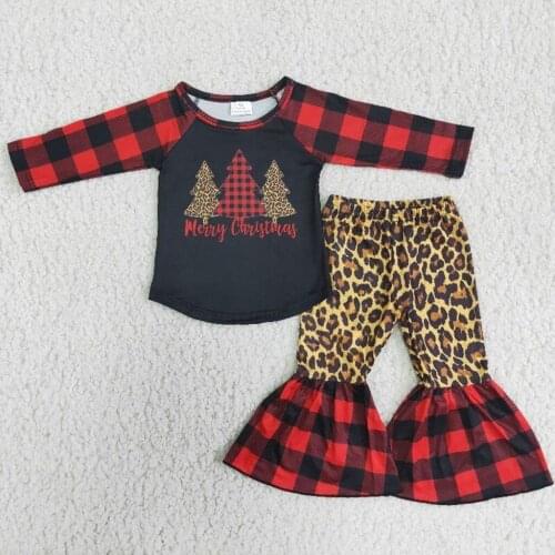 Cute Girl Long Sleeve Clothing Set Kids Winter Christmas Bufflo Plaid Tree Outfit Children Fashion Bell Pants Suit for Christmas