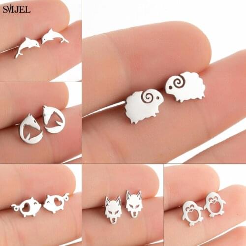 Tiny Cute Horseshoe Horse Earrings Female Stainless Steel Animal Earring Women Sheep Sea Penguin Wolf Earings Christmas Jewelry