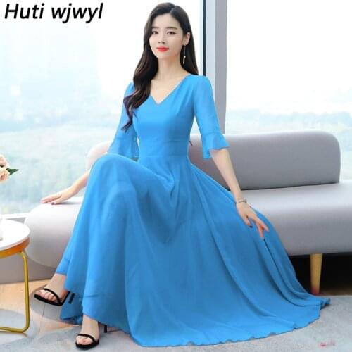 7 Colors Summer Vintage Vacation Solid Sundress 2021 Plus Size Women Bodycon Party Maxi Vestidos Chiffon Casual Beach Midi Dress