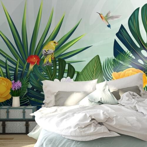 Bacaz Custom Bird 3D Mural Wallpaper Hand-paint Tropical Rainforest Banana Leaf Photo Background Wall Murals 3D Wallpaper Modern