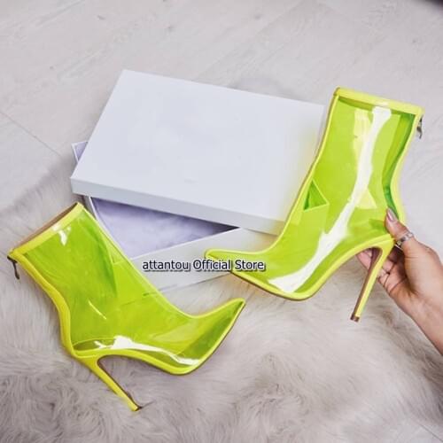 Neon Green Blue 10cm Heeled Transpatent PVC Leather Thin High Heel Ankle Boots Women Pointed Toe Back Zipper Short Boot