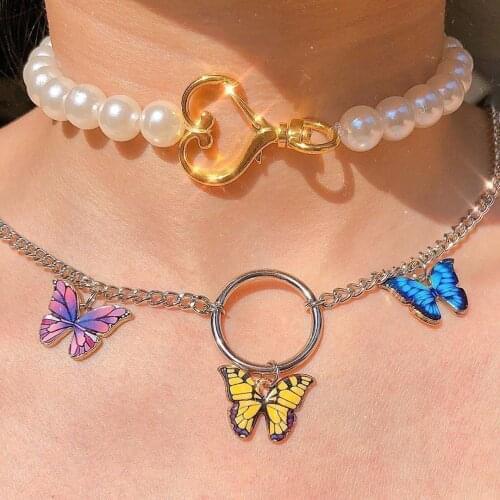 Colorized Butterfly Ring Necklace European and American Retro Homemade Lisa Celebrity Inspired 90S Cool Girl Butterfly Necklace