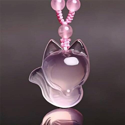 Genuine Natural Pink Stone Crystal Quartz Pendant Bead Animal Fox Shape Woman Necklace Pendant