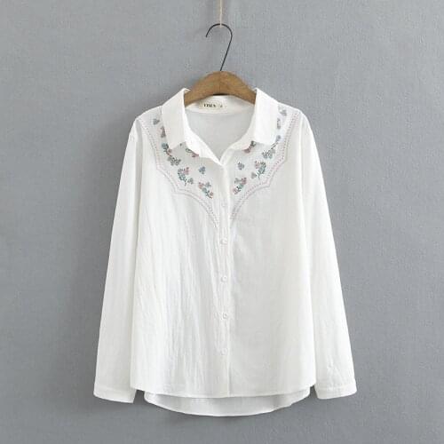Plus Size Womens Floral Embroidery Blouse Long Sleeved A-line Top Oversized Full Cotton Vintage Blusas