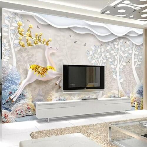 Beibehang Embossed three-dimensional forest deer Nordic modern minimalist background wall custom large mural green wallpaper
