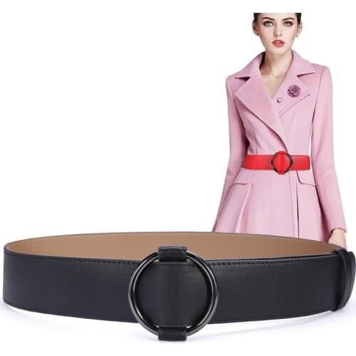 Newest Black Round Buckle Belts Woman Hot Red Cowskin Without Pin Metal Buckles Real Leather Strap Jeans Wide Waistbands Dress