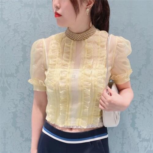 Pink Sweet Round Neck Puff Sleeve Chiffon Cute Shirt Designer Summer New Pleated Short Shirt Top Women Blouse Top Clothes 2021