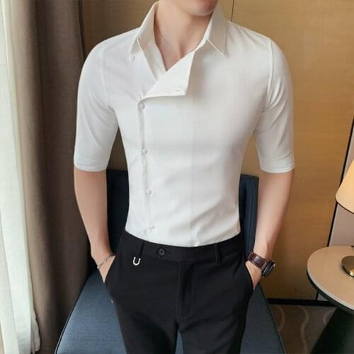Black/White Summer Fashion Partial Placket Half Sleeve Shirts Men Clothing 2021 Simple Slim Fit Business Casual Office Blouses