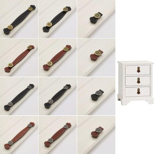 1set Leather Handle Antique Bronze/silver Flower Head Pull Single/Double Hole Belt Knob w/screw Vintage Decor Black/Orange Brown