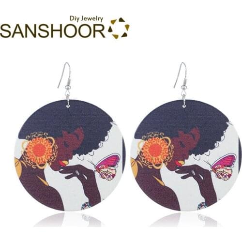 SANSHOOR Afro Printed Round Wooden Earring Elegant African Queen Natural Hair Ear Jewelry Design for Black ladies' Gift 1 pair