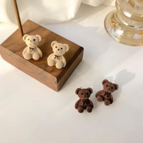 2021 Cute Pluffy Plush Cartoon Bear Earrings For Women Girl Pink Beige Brown Color Hairy Animal Drop Earrings Winter Jewelry