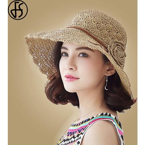 FS Summer Beach Hat For Women Straw Hats Female Casual Lady Wide Brim Flowers Floppy Cap Girls Foldable Sun Hat Chapeu Feminino