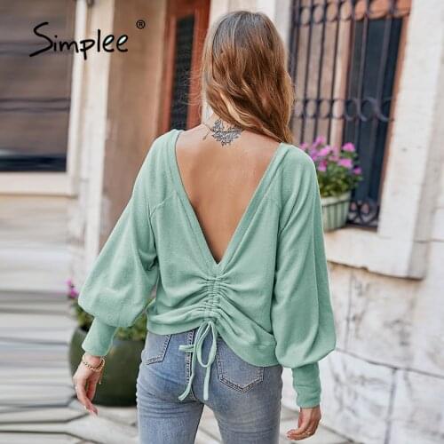 Simplee Holiday v-neck shiring women sweater autumn Casual bishop long sleeve female pullovers Backless light green short jumper