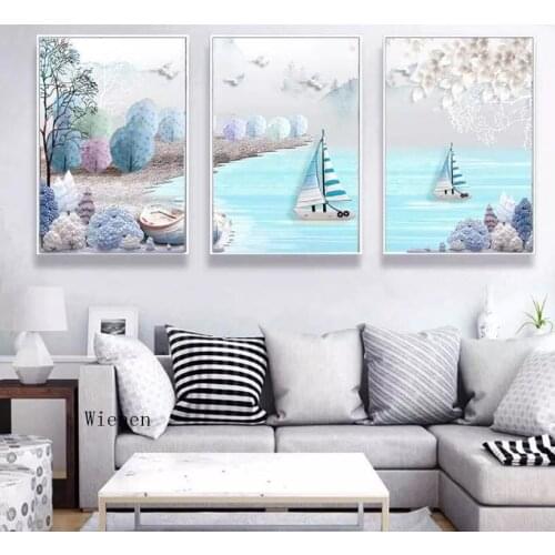 Modern Minimalist Mediterranean Nautical Relief Abstract Nordic Decorative Painting Unframed 3 Panels Wall Art Canvas Poster
