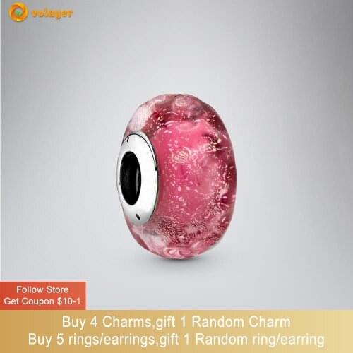 Volayer 925 Sterling Silver Beads Wavy Fancy Pink Murano Glass Charms fit Original Pandora Bracelets for Women Jewelry Making