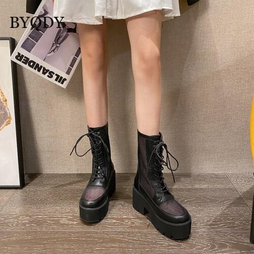 BYQDY Spring Summer Chunky Heels Woman Boots Hollow Out Summer Combat Boot Round Toes Gothic Platform Breathable Mesh Shoes