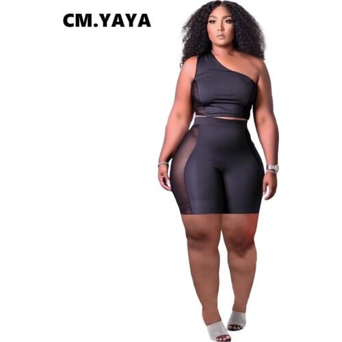 CM.YAYA Women Set Mesh Patchwork Sleeveless Skew Collar Crop Tops Stretchy Shorts Two 2 Piece Set Casual Outfit Summer Tracksuit