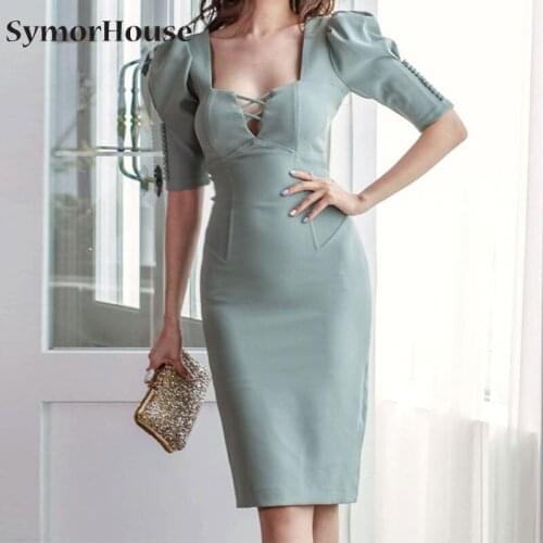 2021 Summer High quality Women Dress Fashion Green Bodycon Pencil Dress Sexy Square Collar button Work Office Party Dress Autumn