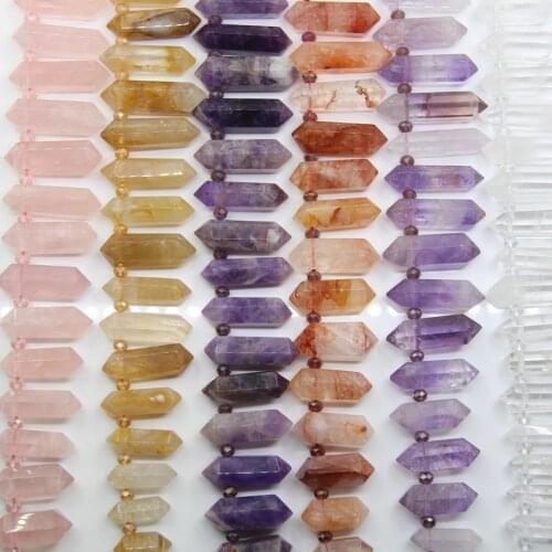 15.5"Strand Top Drilled Natural Crystal Hexagon Double Point Pendants,Faceted Quartz Slice Stick Spike Beads for Jewelry Making