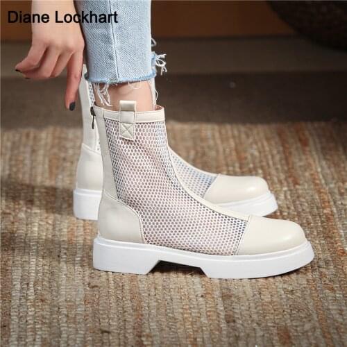 2021 Brand Design Cool Boots PU Leather Zipper Mesh Female Spring Summer Round Toe Women Shoes 33-43 Botas Mujer High quality