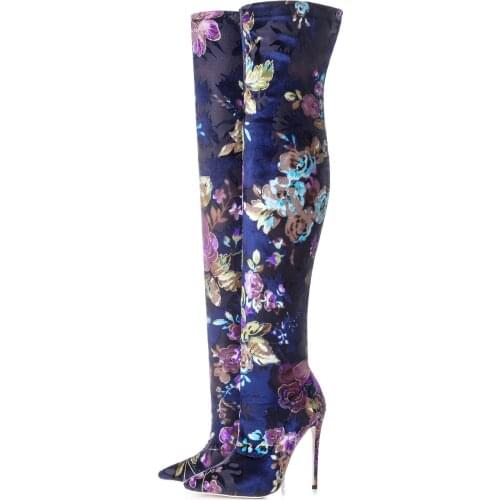 2021 Fashion Woman Stretchy Cloth Thigh-High Boots Knee High Slip On Flower Print Pointed Toe Winter Warm Shoes