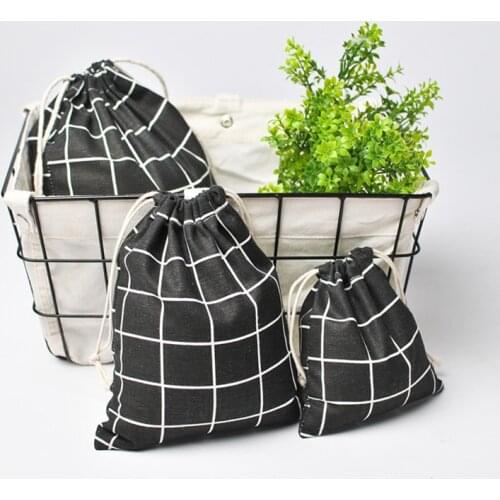 3pcs/set Plaid Drawstring Bag Cotton Linen Storage Bag Portable Reusable Travel Organizer Pouch Foldable Simple Small Bags