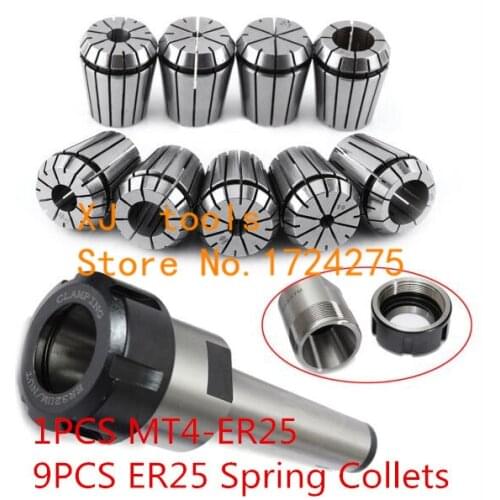 9pcs ER25 Spring Collets + 1PCS MT4 ER25 Collet Chuck Morse Taper Holder For CNC Milling Lathe Tool