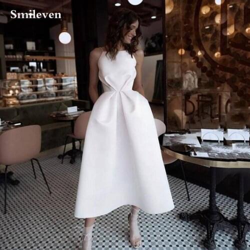 Smileven Ivory Spaghetti Strap Satin Short Evening Dress Sexy Strapleess Tea Length Prom Gowns Formal Party Celebrity Dress