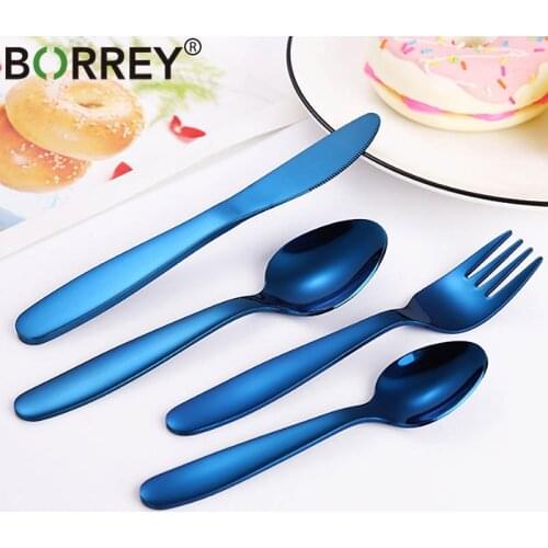 BORREY 4Pcs Kid Cutlery Stainless Steel Flatware Set Black Rose Gold Western Food Cutlery Cutipol Kids Tableware Dinnerware Set