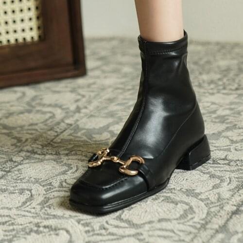 Metal Decorative Square Toe Thick Heel Chelsea Boots Elastic Close-Fitting Ankle Boots Large Size Comfortable Womens Boots