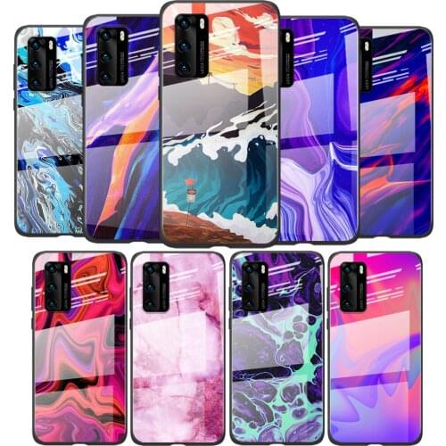 Tempered Glass Cover Aesthetics marble neon art For Huawei P40 P30 P20 P10 Pro Plus Lite 5G 2019 Shockproof Shell Phone Case
